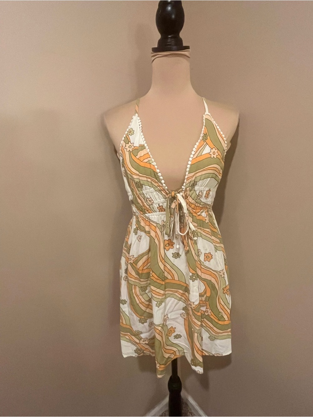 70s Inspired Pom pom Deep V, Smocked Waist Mini, size small